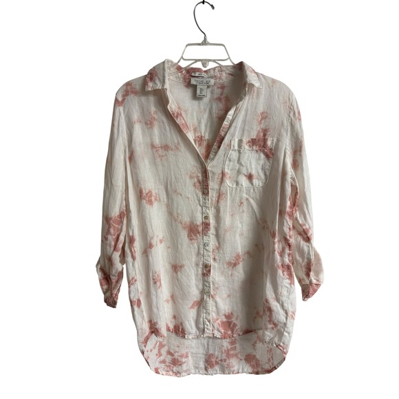 Rachel Zoe Tops - Rachel Zoe Womens Pink Tie Dye 100% Linen Button Down Shirt Roll Tab Small